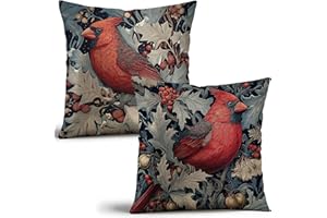 YOU FOUND ME William Morris Inspired Red Cardinal Bird Pillow Cover 18x18 Inches(Set of 2) - Vintage Floral Art Throw Pillowcase - Farmhouse Decor for Couch, Sofa, Bed - Living Room Home Decor Gift (Red-Bird)