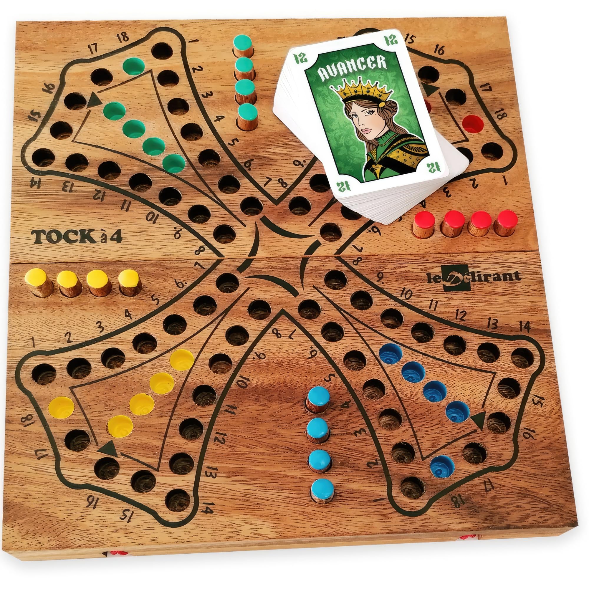 TOC 4 COLOUR BOARD GAME - TOCK. From 2 to 4 players from 7 yo, family strategy board game in eco-friendly solid wood - CE standards. Brand : le Délirant®, easy to store with reclosable board.