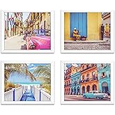 Vintage Vibrant Cuba Photography Photographic Prints, Set of 4, Unframed, Antique Cars, Musician, Beach Coastal Art Decor Poster Sign, 8x10 Inches