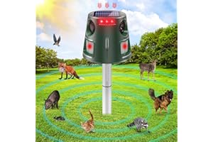 Solar Powered Animal Deterent, Ultrasonic Animal Control Device with Motion Sensor and FIashing Light, Waterproof Outdoor Ani