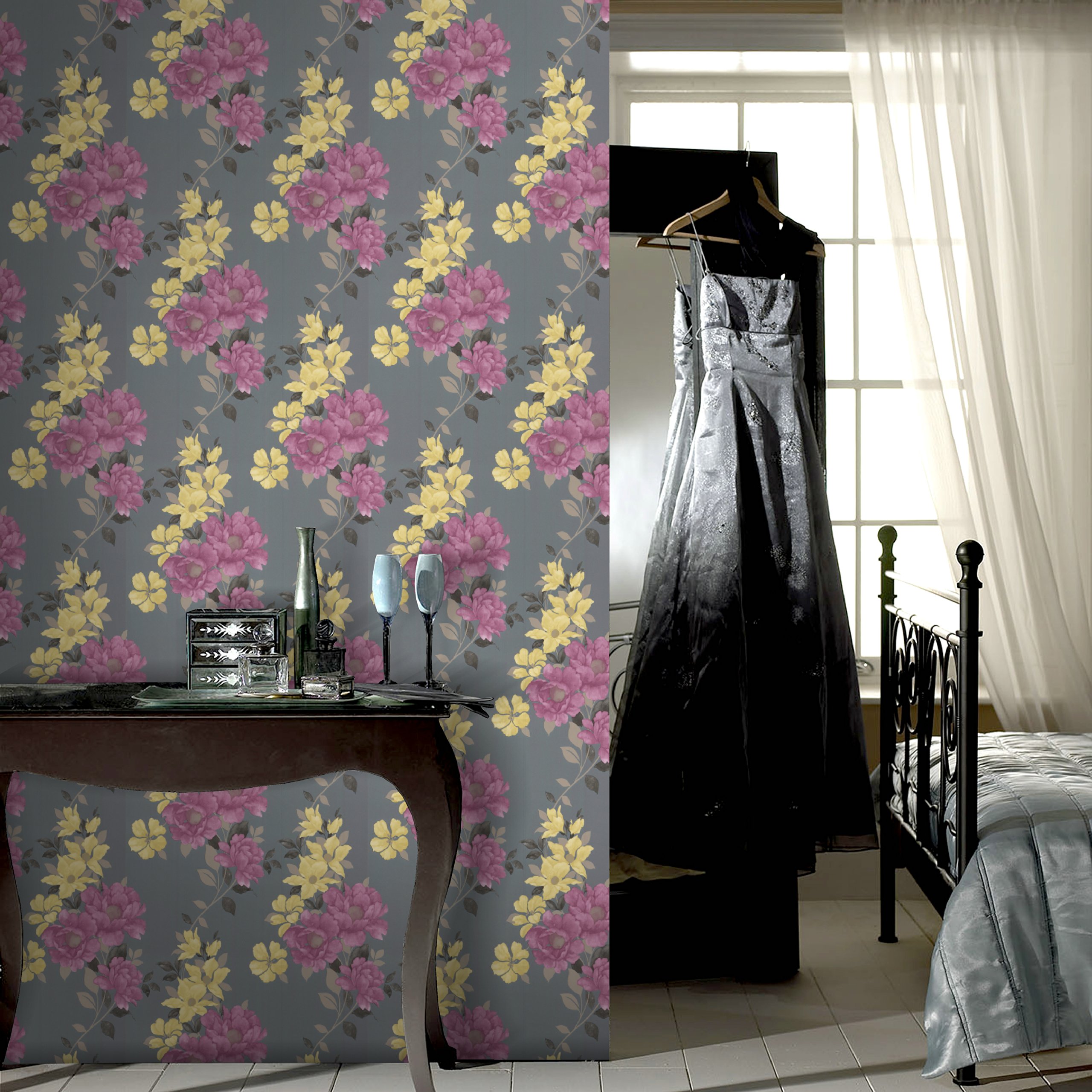 Graham & Brown 50-218 Duchessa Wallpaper, Grey and Damson