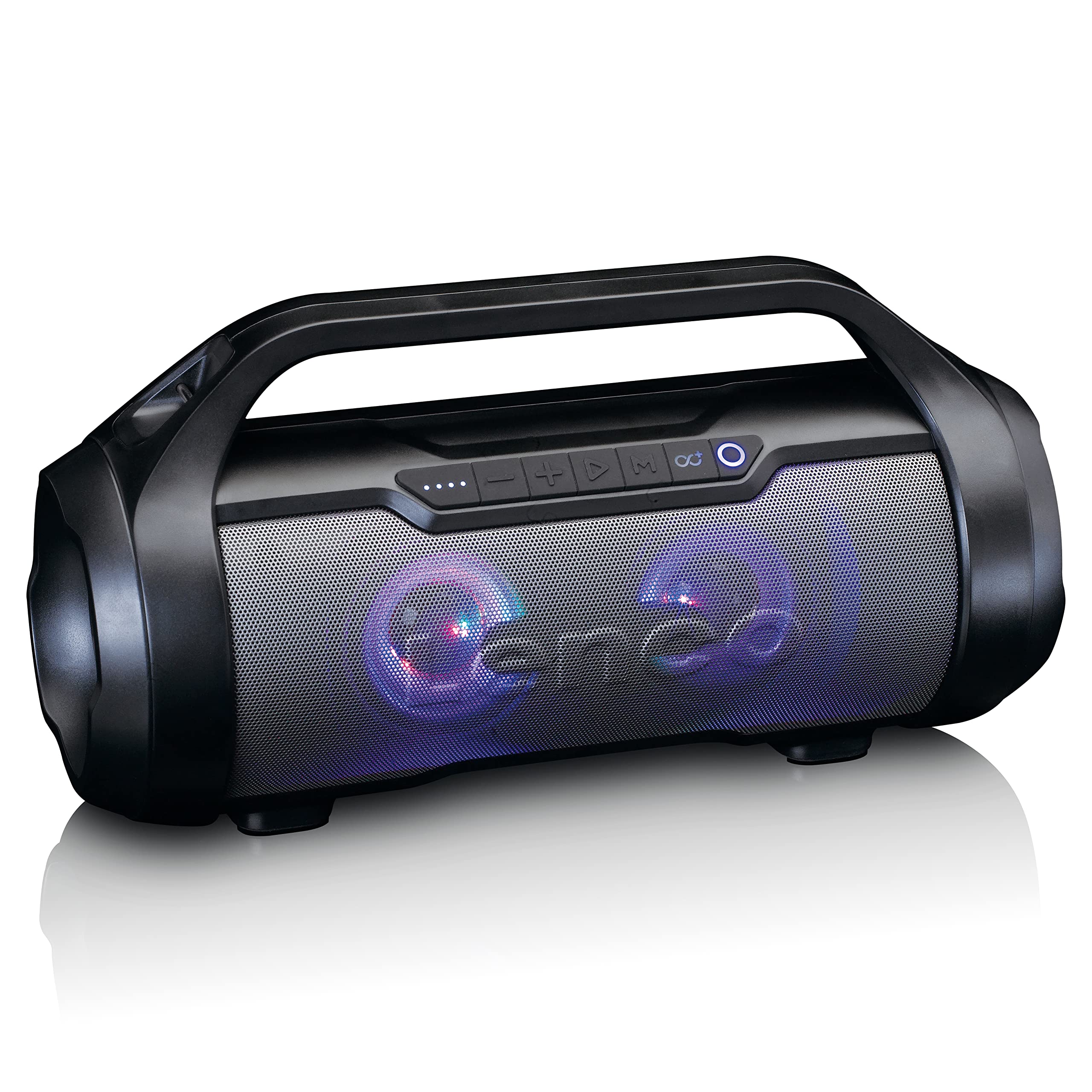 Lenco SPR-070 Boombox - IPX5 Waterproof Bluetooth Boombox - Built-in 3000 mAh Battery - 2 x 12 Watt RMS - FM Radio Receiver - Light Effects - Wireless Music Streaming - Black