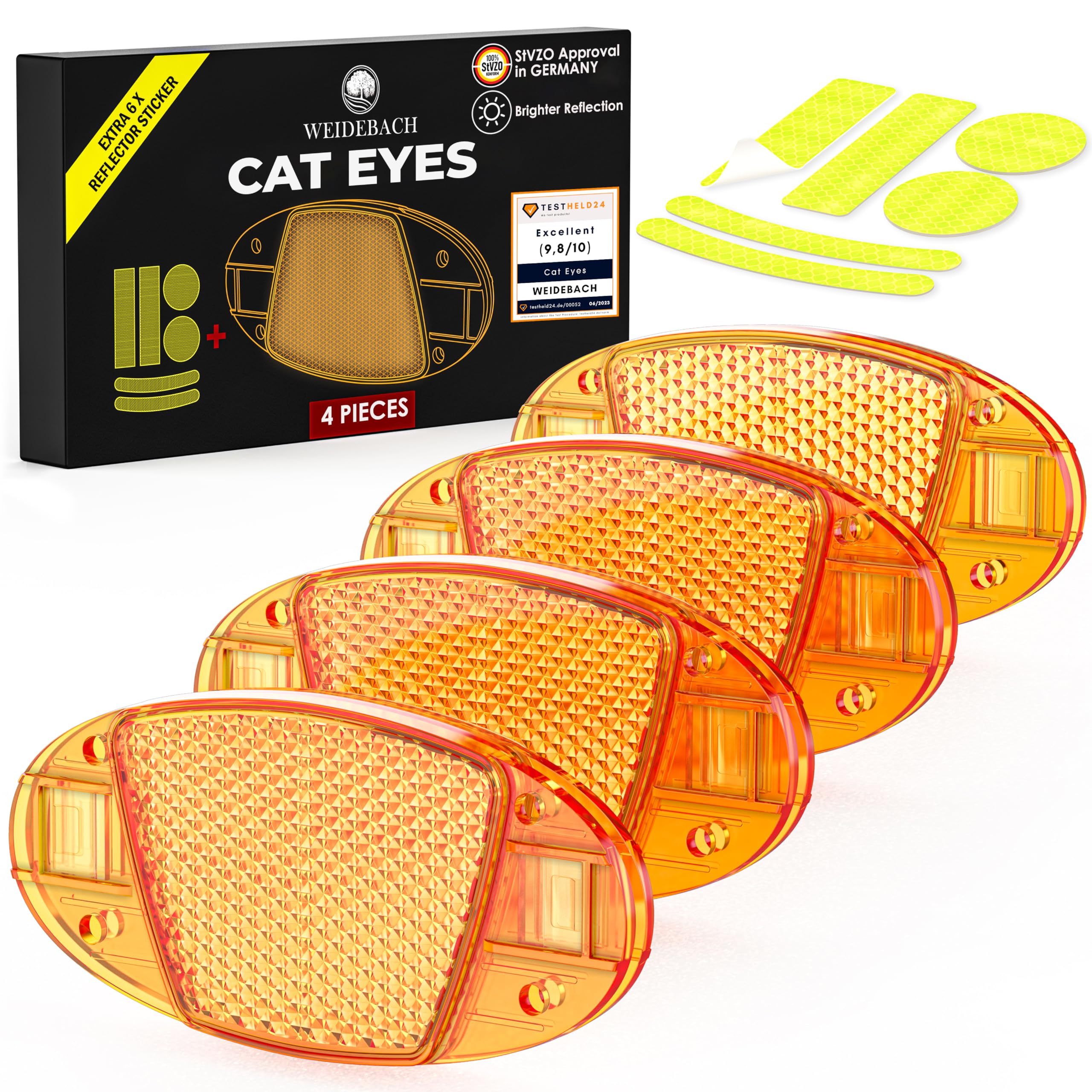 Weidebach® 4x Bicycle Spoke Reflectors With High Radiance, Cat Eyes Incl. 6 Reflective Stickers, Bicycle Reflectors Conform To Stvzo, Bicycle Reflectors For All Common Wheel Sizes