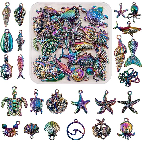 SUNNYCLUE 1 boîte de 40 breloques sur le thème de l'océan - 10 styles - Breloques en vrac - Bronze antique - Turquoise - Animal de l'océan - Breloques d'été vintage pour