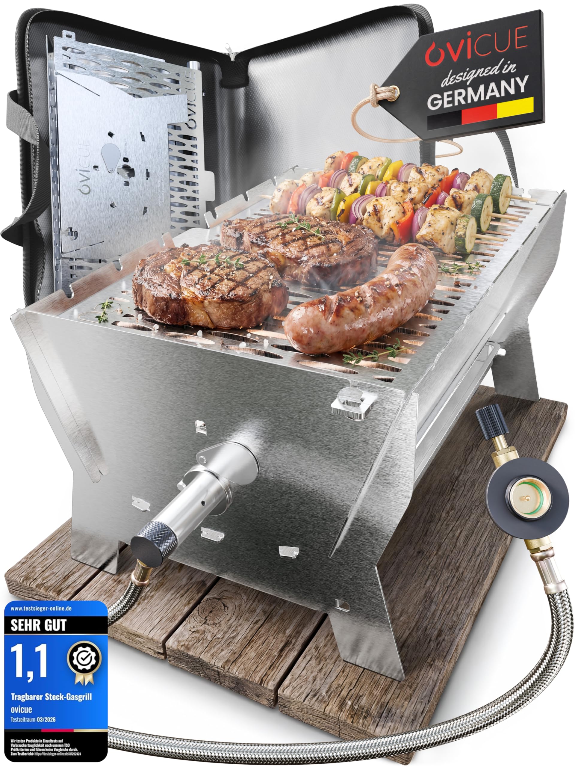 ovicue Grill | Mobiler Steck-Gasgrill – Tragbarer Edelstahlgrill mit Stecksystem – Gas- & Holzkohlebetrieb – Inkl. Tragetasche – Perfekt für Camping, Balkon, Garten & Outdoor - Camping Grill