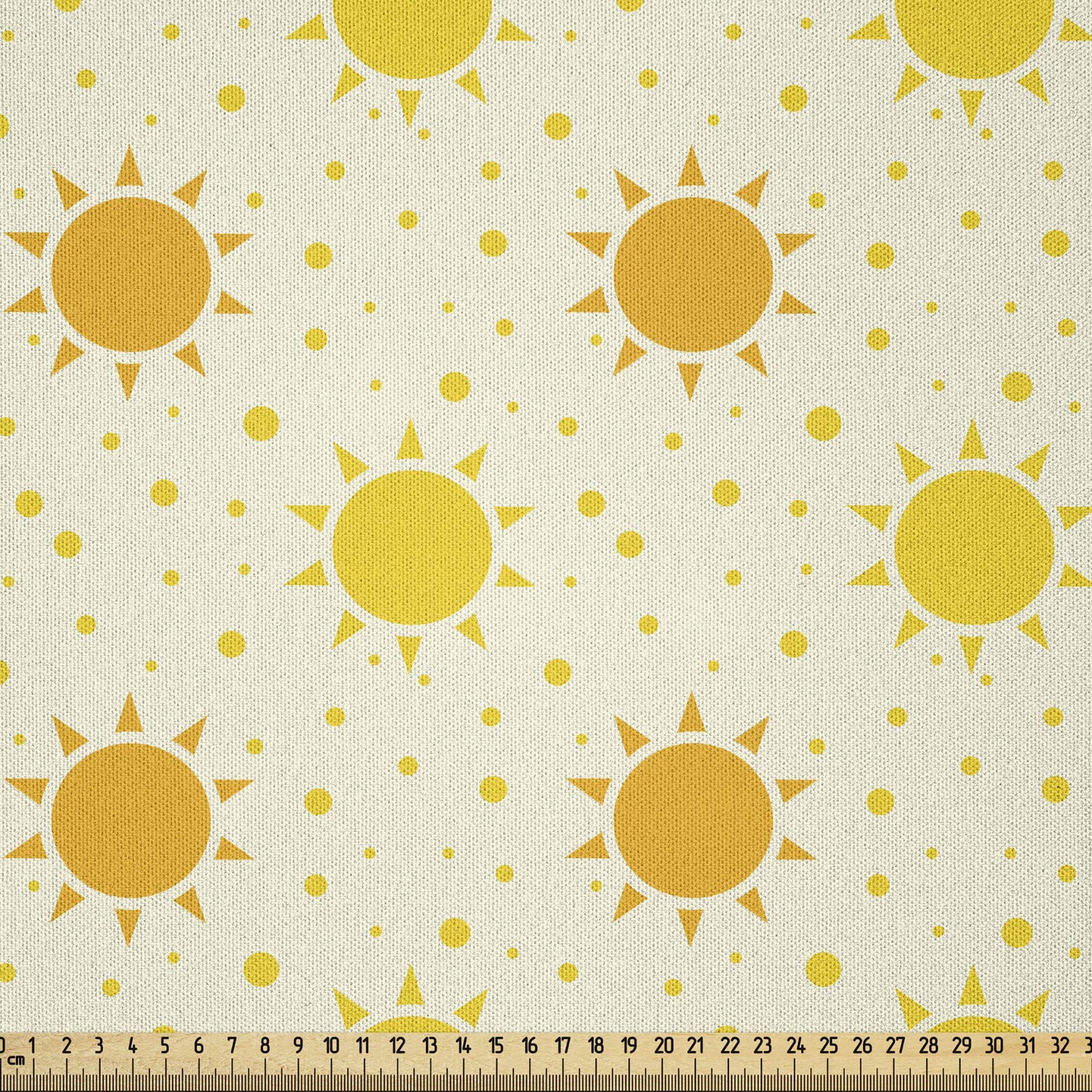 ABAKUHAUS Summer Fabric by the Yard, Geometric Sun Motif on a Background with Little Dots Seasonal Pattern, Microfiber Fabric for Arts and Crafts Textiles Decor, 1M, Orange Yellow and Cream