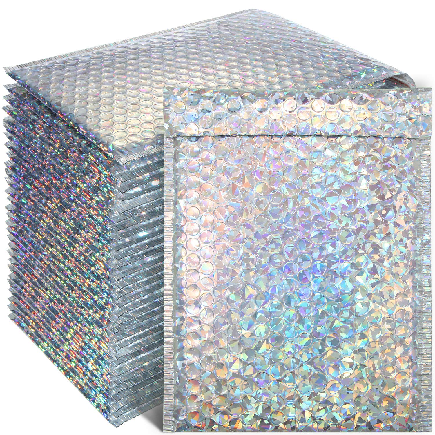 Photo 1 of Outus 30 Pieces Holographic Bubble Padded Mailer Holographic Bubble Mailers Padded Envelopes Self Sealing Cushion Envelopes for Mailing, Shipping and Packing
