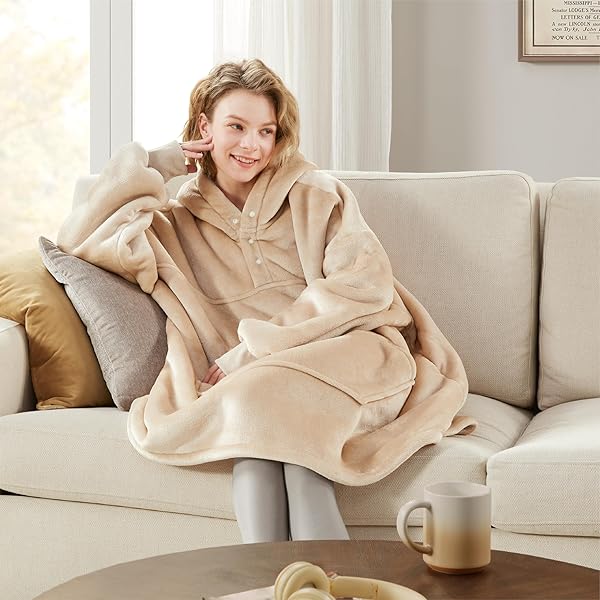 DEGREES OF COMFORT ORIGINAL SHERPA WEARABLE BLANKET HOODIE, OVERSIZED HOODED SWEATSHIRT BLANKETS, ONE BIG SIZE FITS ALL, 38X32 SAND
