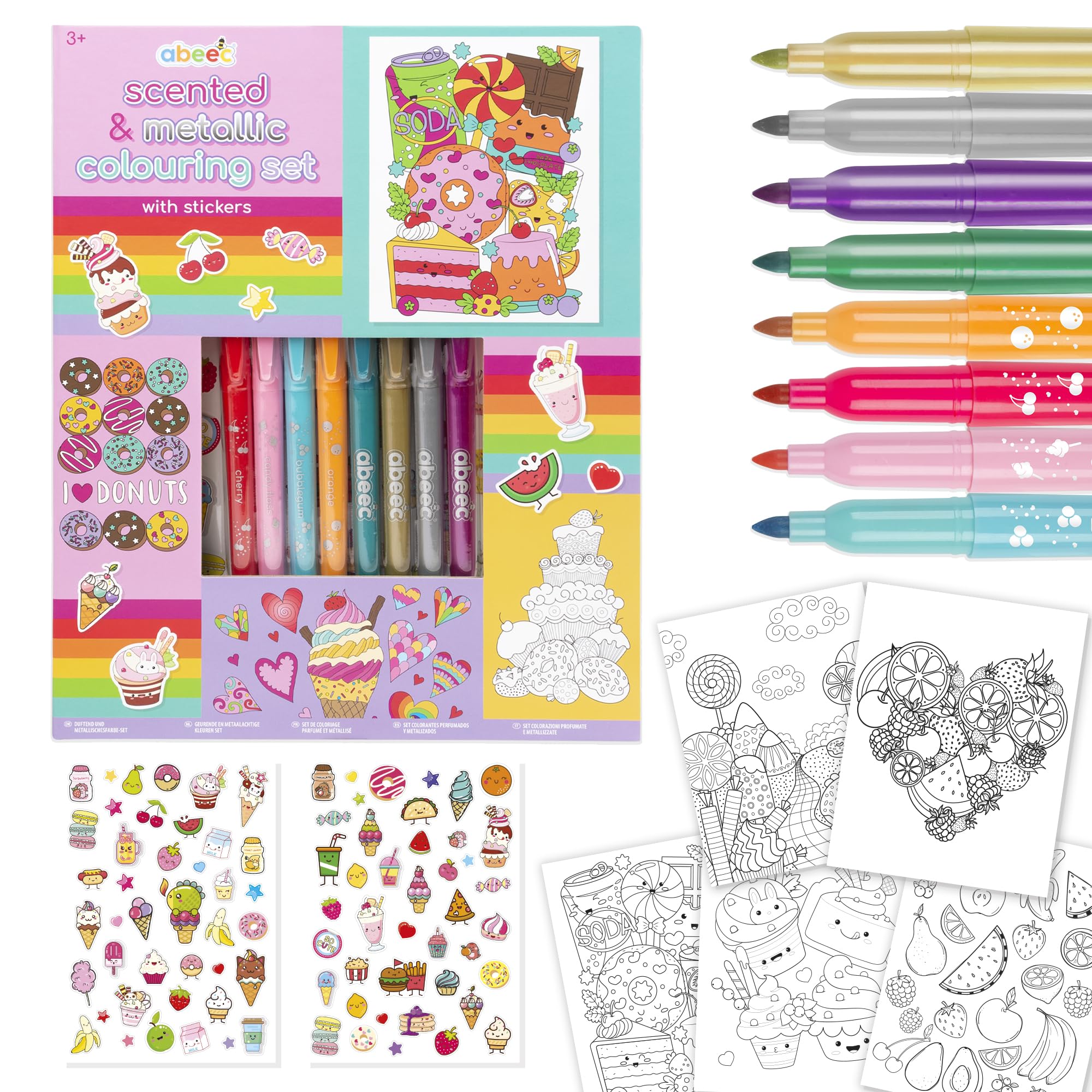 abeec Scented & Metallic Colouring Set with Stickers for Kids Aged 3 and Above, 80 Pages, 4 Scented Markers, 4 Metallic Markers, Cake & Ice Cream Theme
