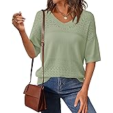 PRETTYGARDEN Women's Short Sleeve Sweater Tops 2026 Spring Summer Casual V Neck Ribbed Knit Trendy Eyelet Blouse T Shirts