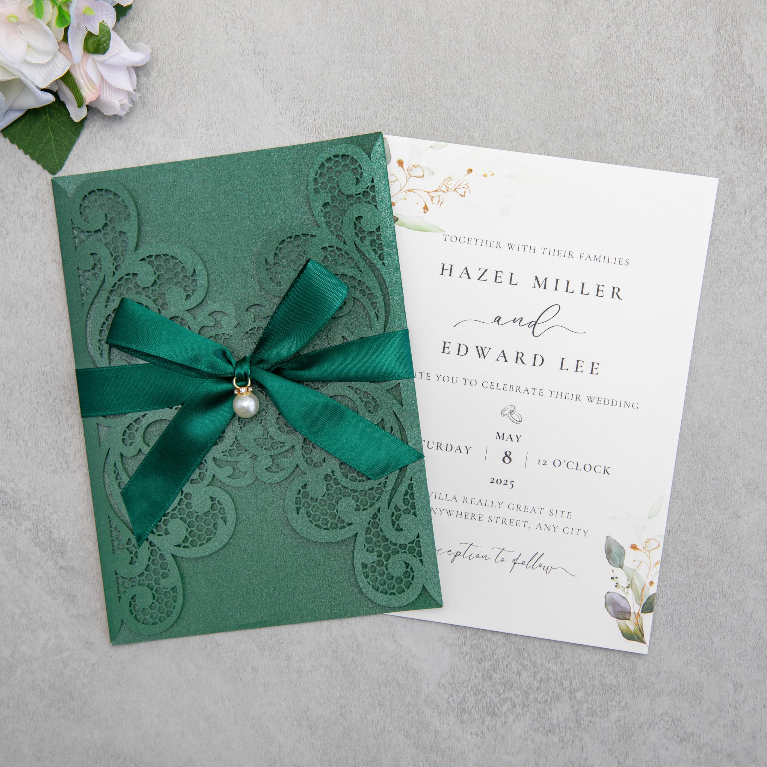 Photo 1 of FEIYI 20Pcs 5.12x7.09 inch Laser Cut Wedding Invitation Cards With Envelopes and Ribbons for Quinceanera Bridal Shower Baby Shower Party Invite (Emerald Green)