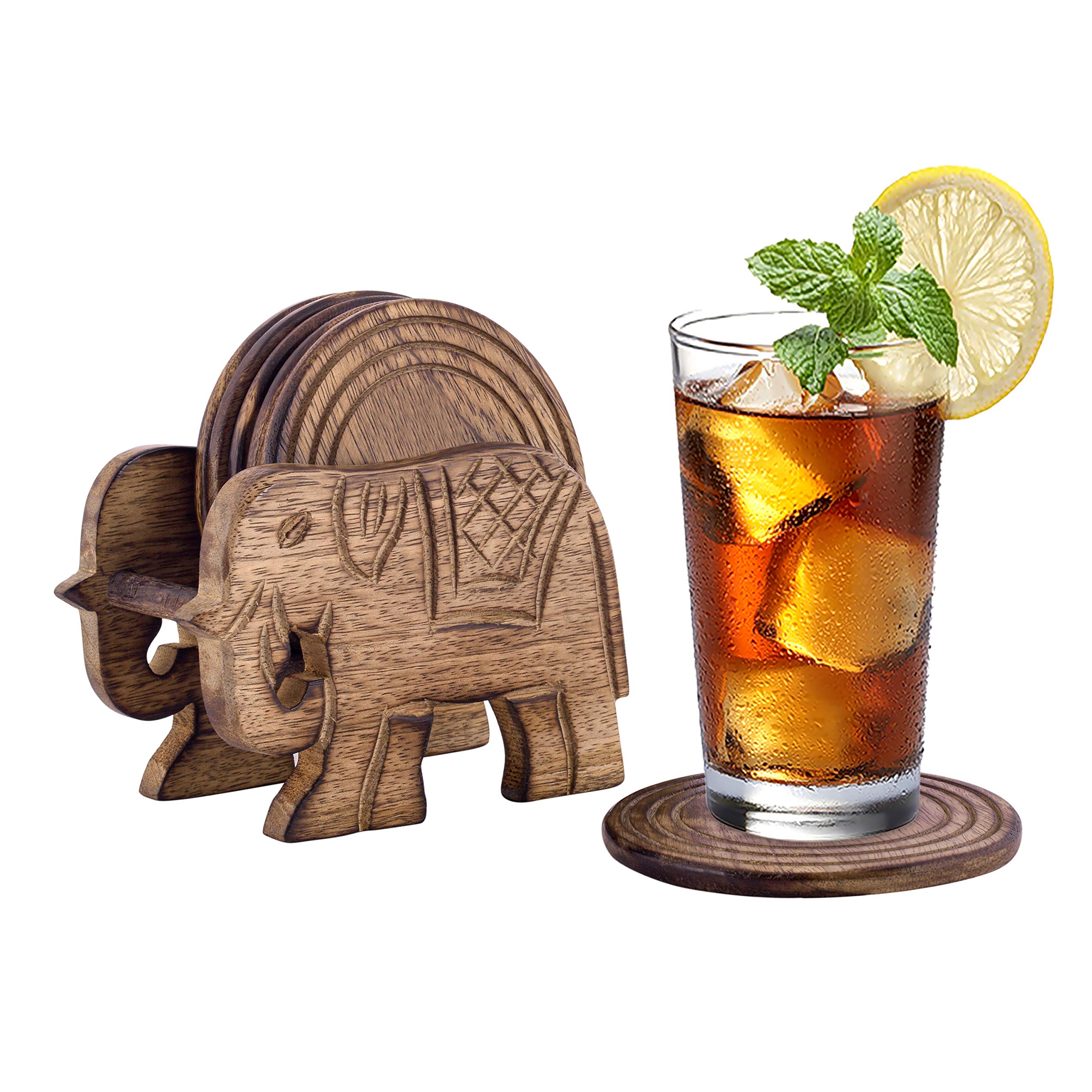 Divit Coasters Wooden for Drinks | Eco-Friendly & Absorbent Handcrafted Coasters with Antique Finish | Heat & Spill Resistant | Reusable Table Protection for Home & Bar Décor (Elephant) — image 1