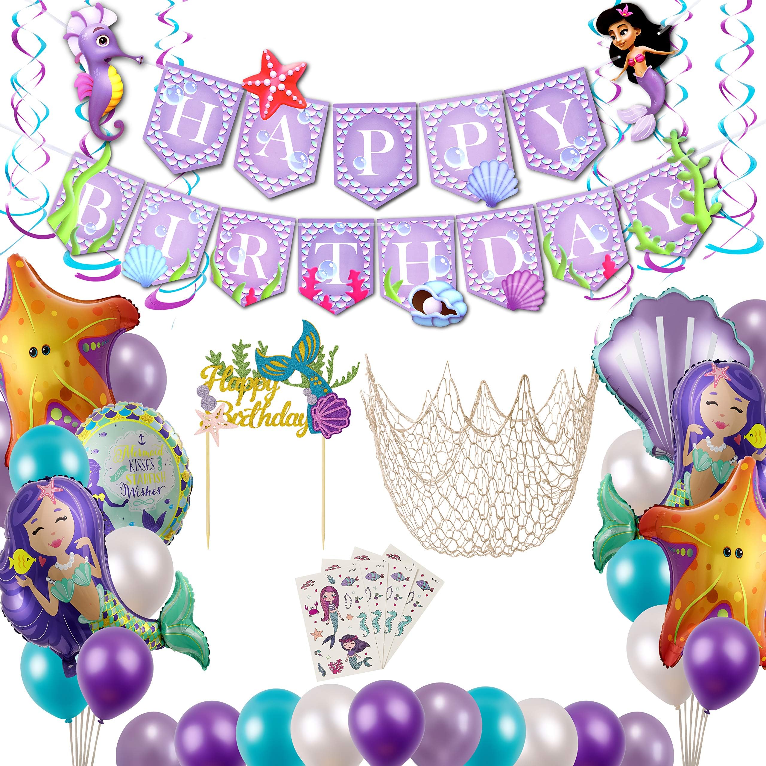 Mermaid Party Supplies with Decorations| Birthday Banner Balloons Cake topper Fish net Under The Sea