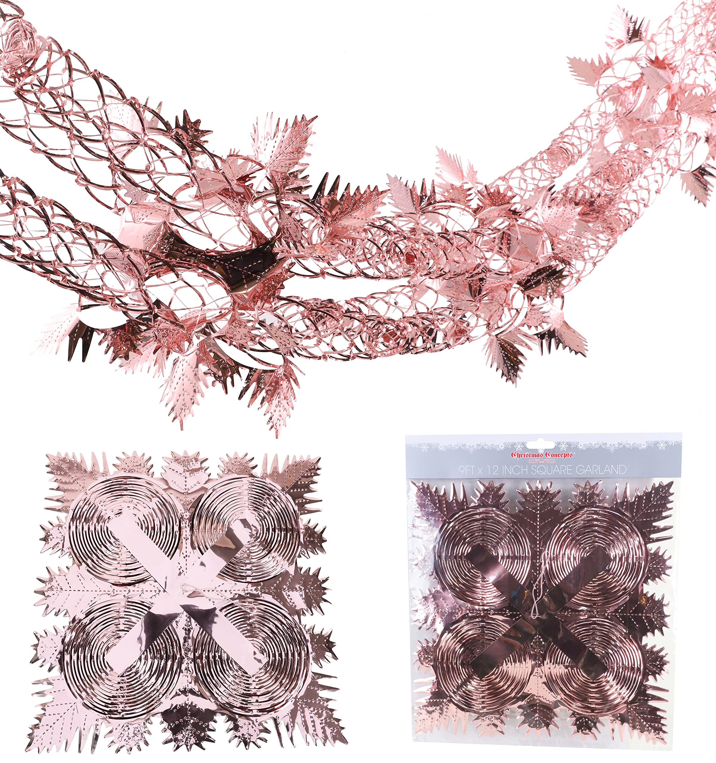 Christmas Concepts® 9ft x 1ft Large Square Foil Garland Festive Hanging Decoration – Christmas Trimming (Rose Gold)