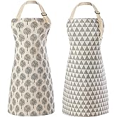 Tosewever 2 Pieces Cotton Linen Waterproof Bib Apron with 2 Pockets - Long Ties Adjustable Neck Strap - Unisex Cooking Kitchen Decorative Pattern Aprons for Women Chef (Triangle/Tree, 2)
