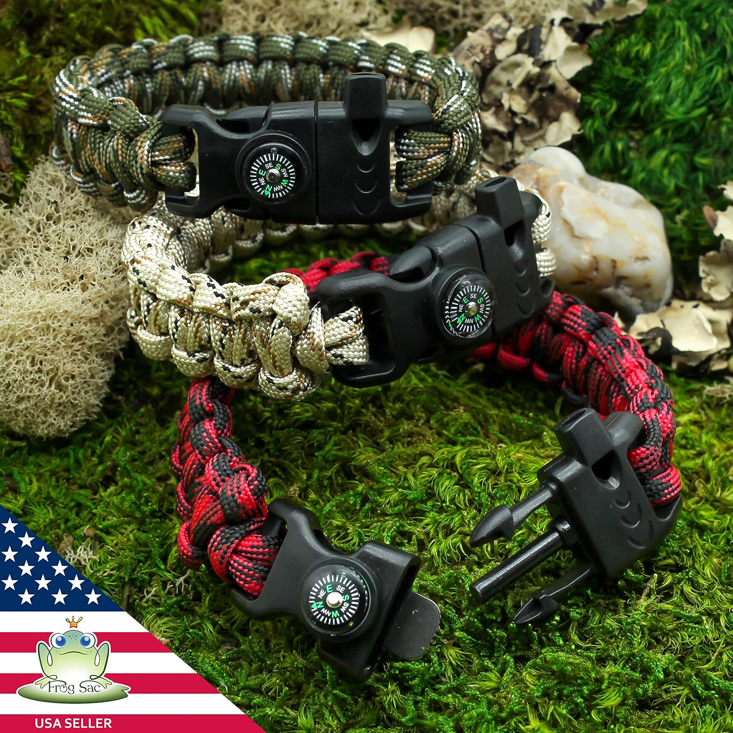 FROG SAC 3 Paracord Bracelets for Men - Camo Paracord Survival Bracelet Pack for Men with Compass, Fire Starter and Whistle - Tactical Gear Bracelets : Sports & Outdoors