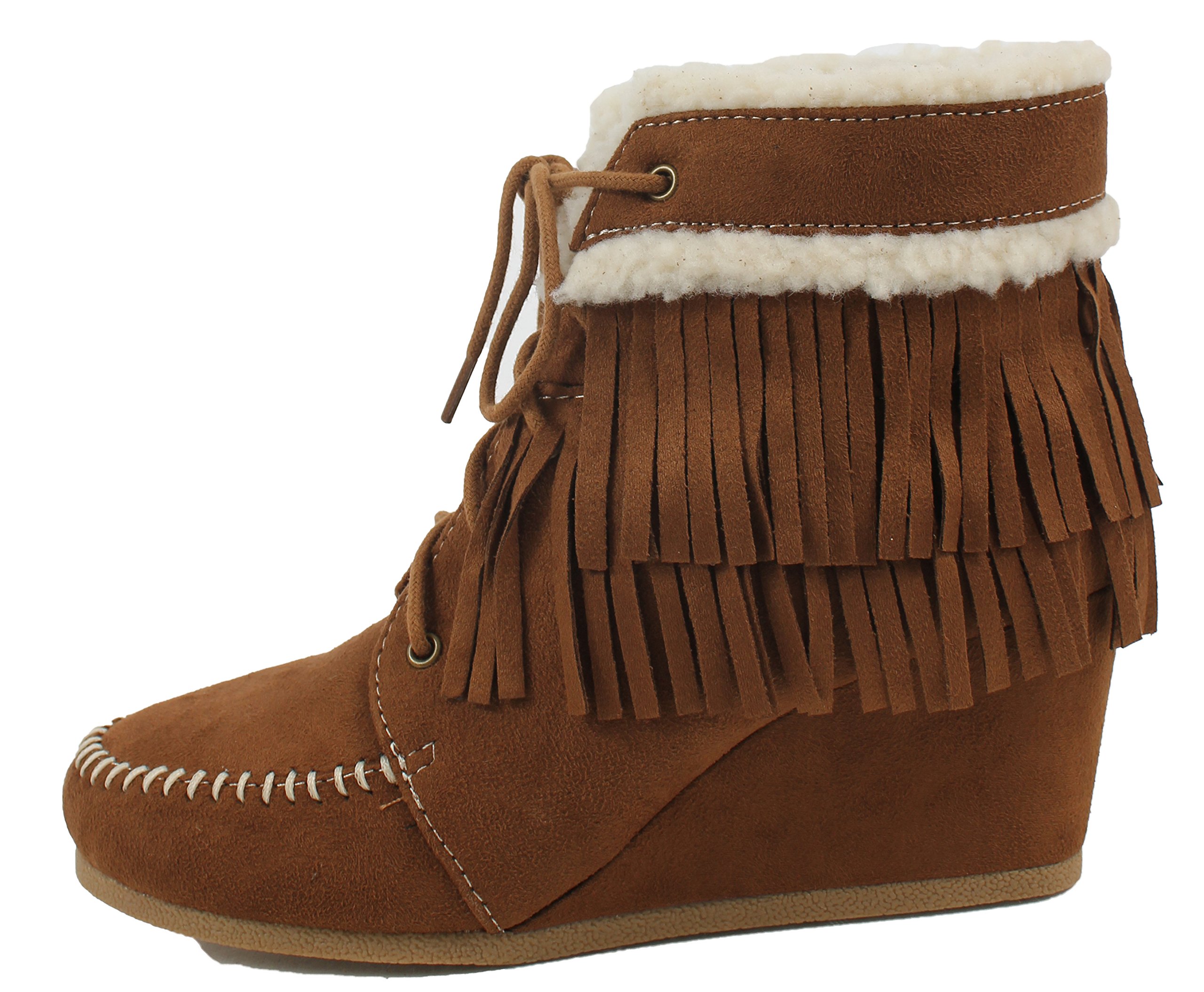 City Classified Women's Faux Suede Faux Fur Moccasin Fringe Lace Up Wedge,8 B(M) US,Chestnut - Image 3