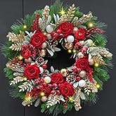 24 Inch Artificial Christmas Wreath for Front Door, Christmas Rose Floral Wreath with Lamb's Ear Red Berries Pine Cones Golden Leaves, Winter Wreaths for Front Door Wall Home Outdoor Decor