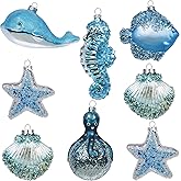 Valery Madelyn Glass Christmas Ornaments Set, 8ct Light Blue and Silver Blown Glass Christmas Tree Decorations, Summer Beach Coastal Ocean Nautical Marine Xmas Hanging Finial Balls Bulk Holiday Decor