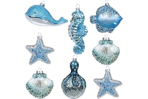 Valery Madelyn Glass Christmas Ornaments Set, 8ct Light Blue and Silver Blown Glass Christmas Tree Decorations, Summer Beach Coastal Ocean Nautical Marine Xmas Hanging Finial Balls Bulk Holiday Decor