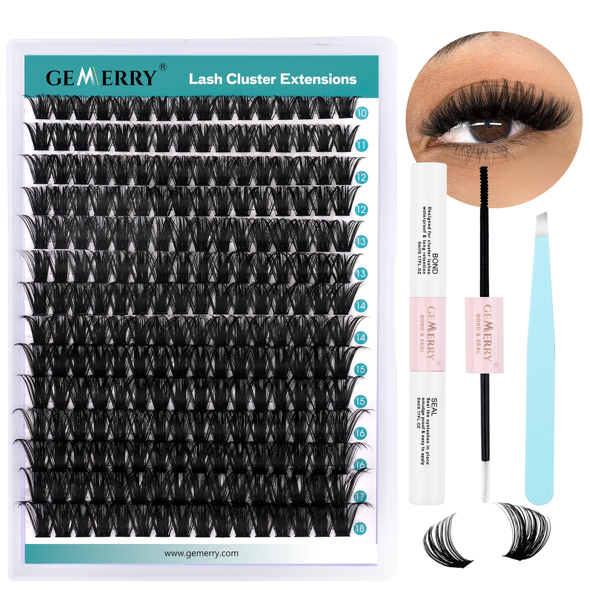 GEMERRY DIY Cluster Eyelash Extensions Kit with Lash Bond and Seal and Applicator for Beginners 280 PCS Individual Lash Cluster Kit 0.07D 10-18 Mix, DIY at Home (100D-0.07D,10-18MIX-KIT)