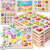 SYNARRY Wooden Puzzles for Toddlers 1-3, 6XSET Toddlers Puzzles Ages 1-3 with Rack, Learning Alphabet Number Shape Unicorn Pr