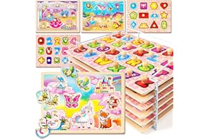 SYNARRY Wooden Puzzles for Toddlers 1-3, 6XSET Toddlers Puzzles Ages 1-3 with Rack, Learning Alphabet Number Shape Unicorn Princess Mermaid Animal, Christmas Toys Gifts for 1 2 3 Years Old Girl Gifts