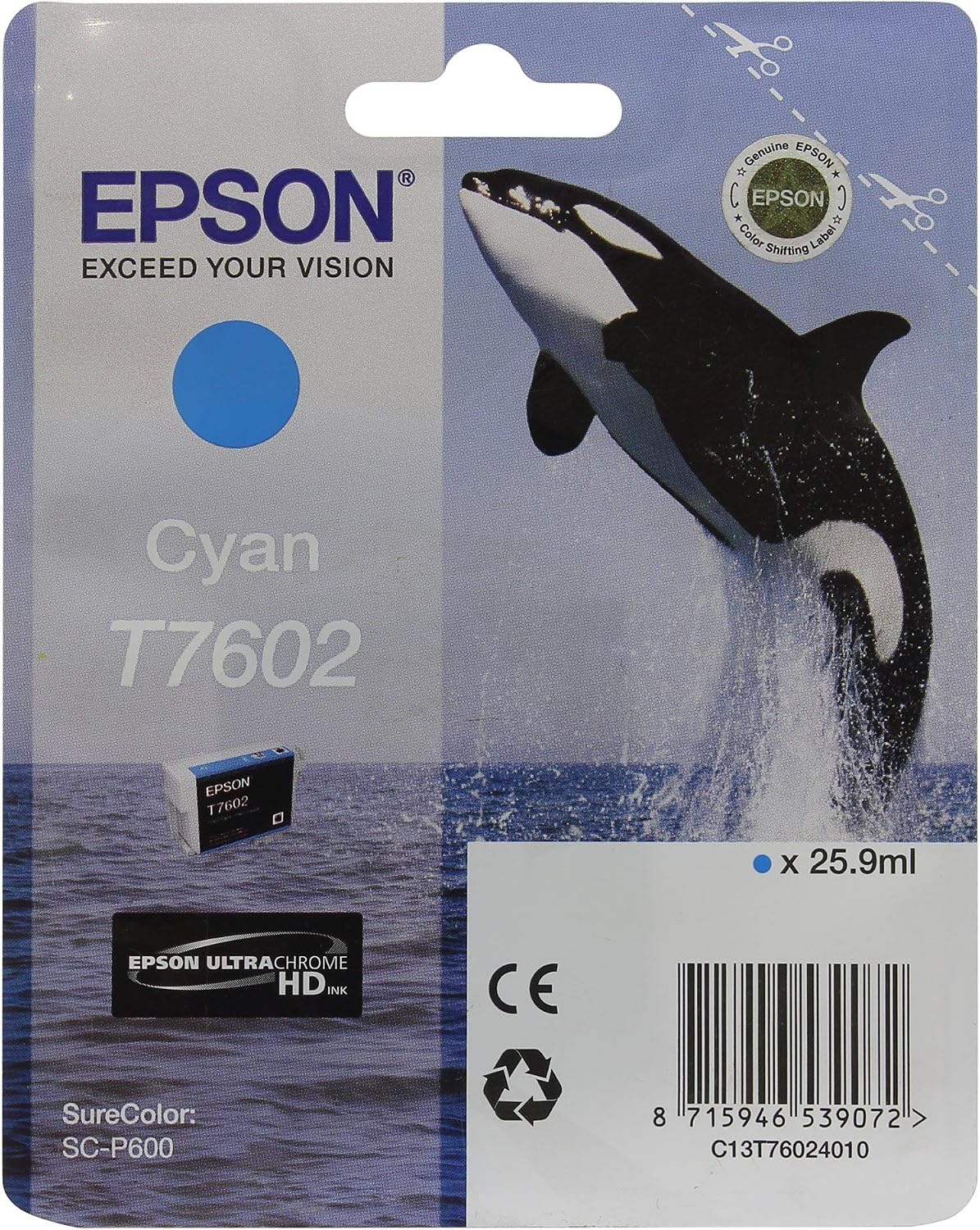 Epson Killer Whale T7602 Ink Cartridge, Cyan, Genuine,25.9 ml