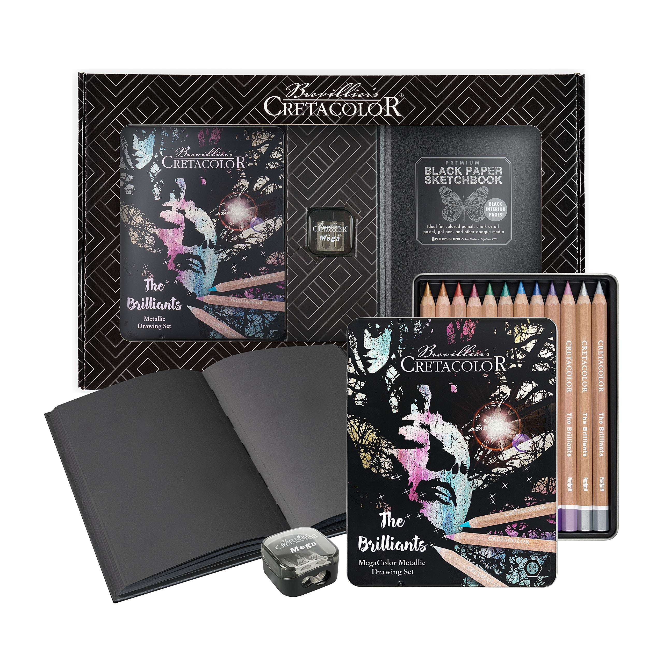 CRETACOLOR The Brilliants Metallic Drawing Set with Premium Drawing Book and Sharpener in Beautiful Packaging, Colourful, 12 Metallic Colouring Pencils, Soft and Rich Colour Application,