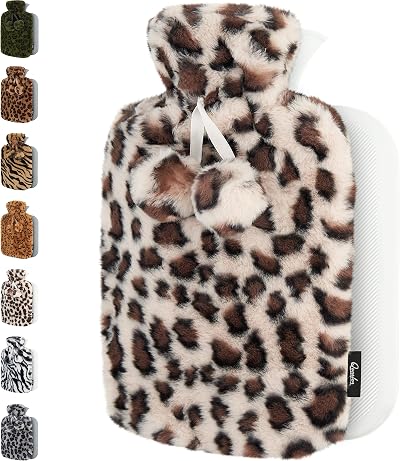 Qomfor Hot Water Bottle 2L Cream Leopard Fleece Cover with Pom Poms