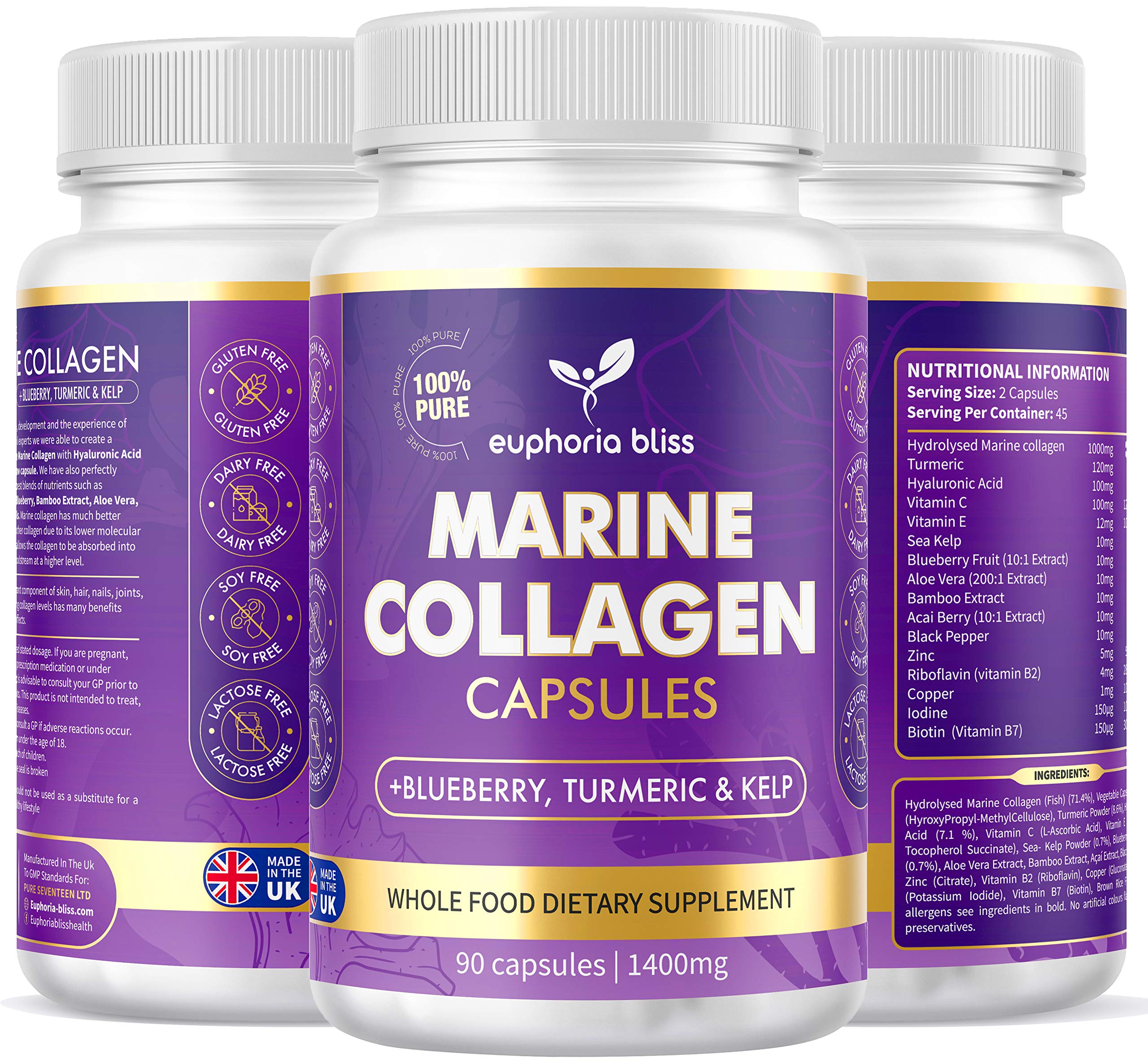 High Strength Marine Collagen Tablets - Skin, Hair, Nails & Joints - Fortified with Hyaluronic Acid, Blueberry, Biotin, Vitamin C, E, B2, B7 & Minerals - 1400MG - Type 1 90 Capsules