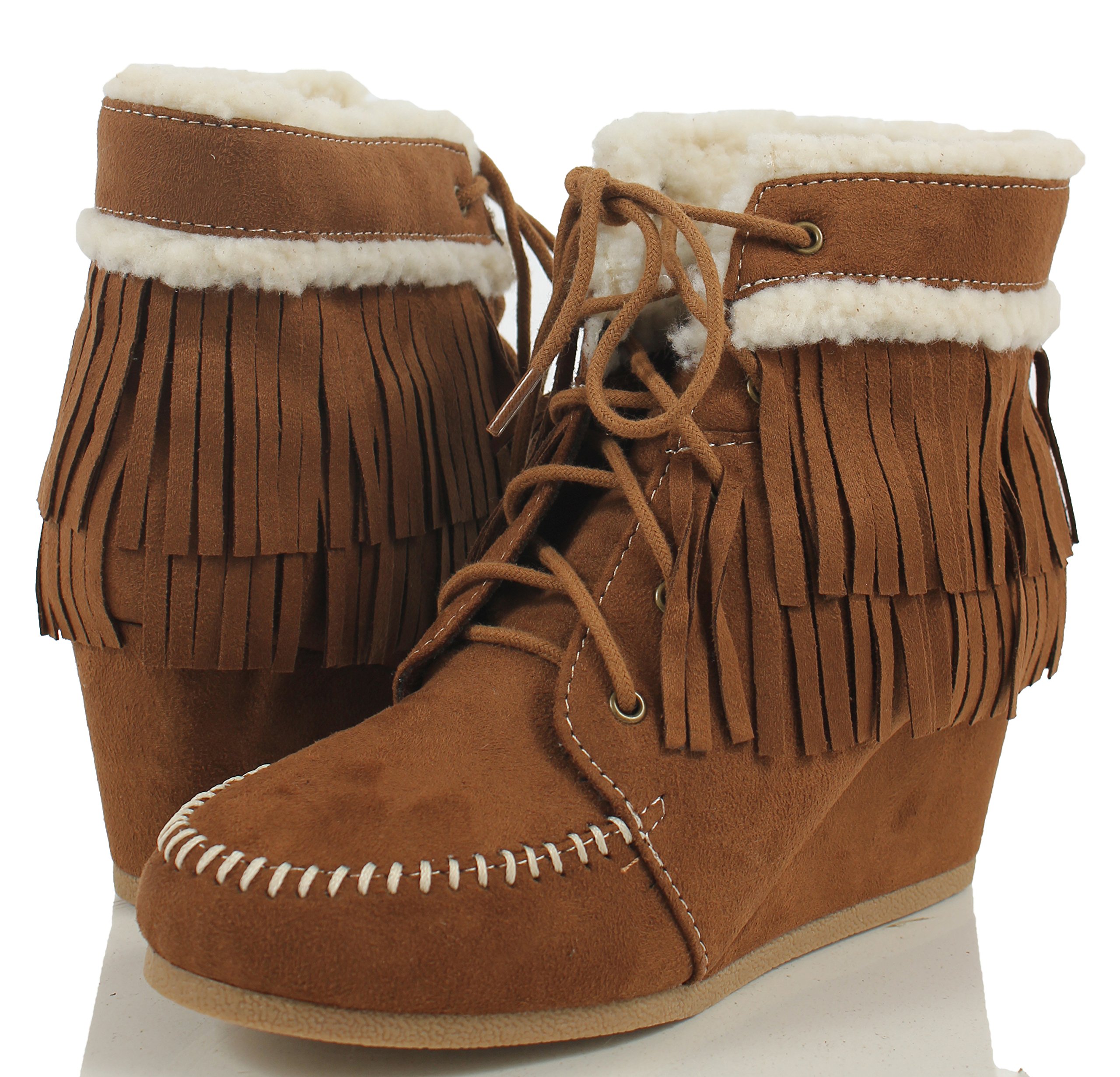 City Classified Women's Faux Suede Faux Fur Moccasin Fringe Lace Up Wedge,8 B(M) US,Chestnut - Image 8