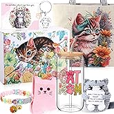 Sadnyy 8 Pcs Cat Themed Gifts for Women Cat Lovers Funny Crazy Mom Gifts Box Basket Set 16 oz Glass Cup Tote Bag Crochet Animal Keychain Stuff Present for Lady People Who Love Kitten Birthday