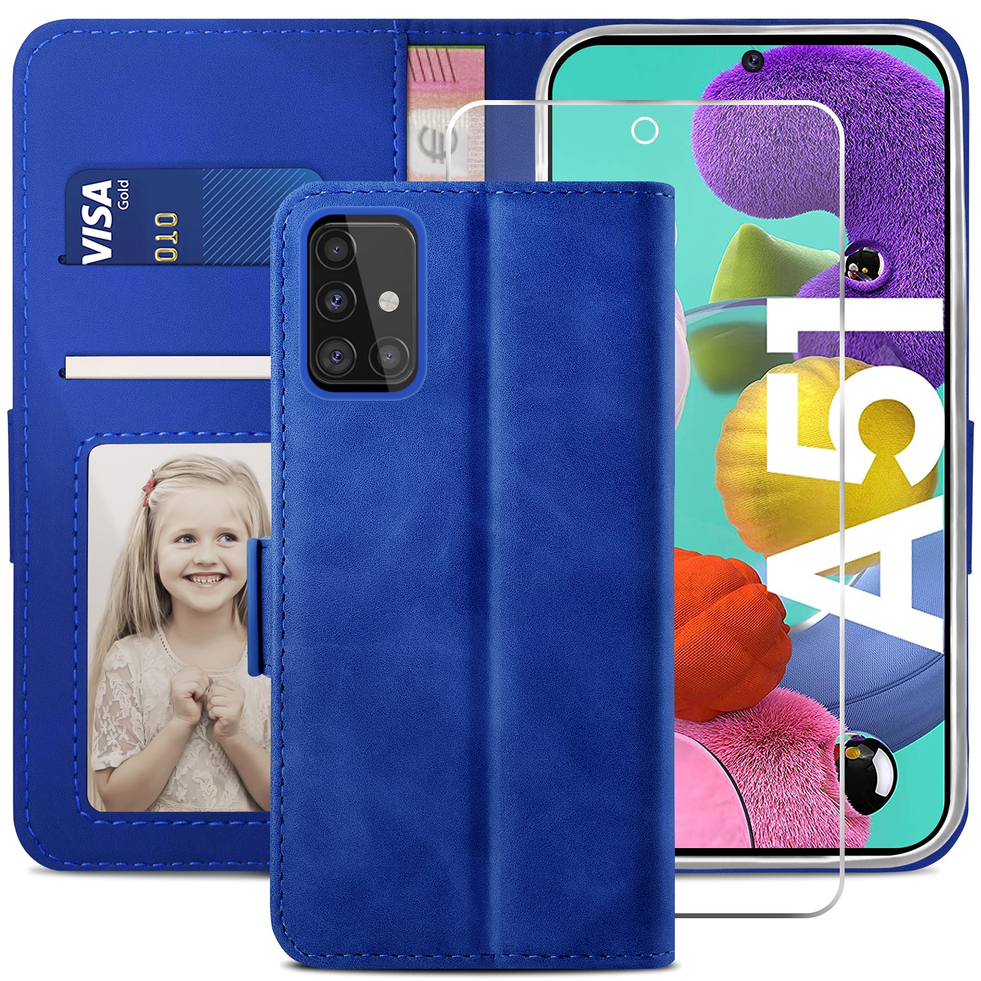 YATWIN Compatible with Samsung Galaxy A51 Case, Flip Wallet Leather Case with Tempered Glass Screen Protector and Card Slot Kickstand Phone Cases Cover for Samsung A51 - Royal Blue