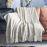 LOMAO Knitted Throw Blanket with Tassels Bubble Textured Lightweight Throws for Couch Cover Home Decor (Cream, 50x60)