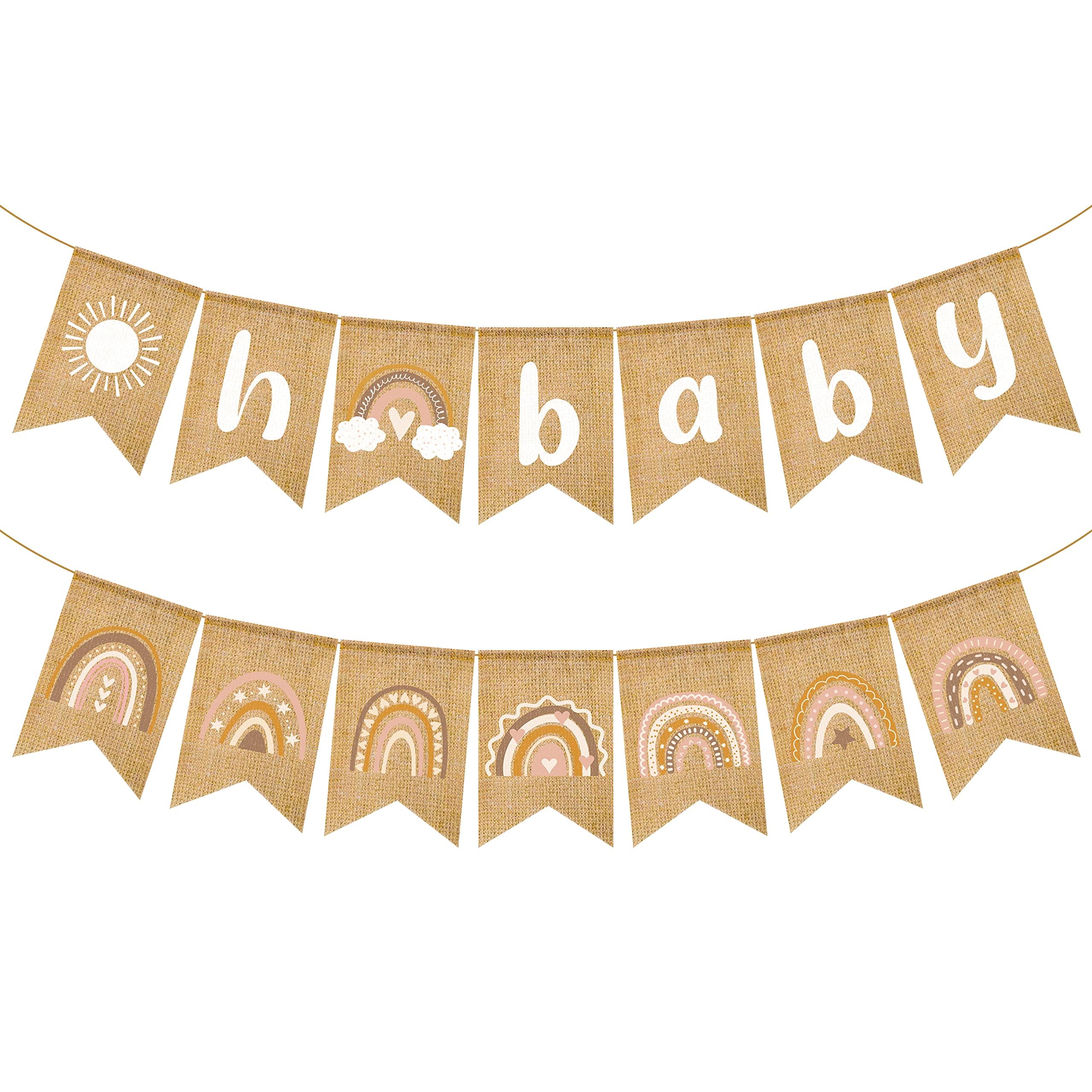 Photo 1 of ANGOLIO Boho Rainbow Baby Shower Banner, Gender Neutral Decorations, 2pcs Burlap Flags, Vintage Design, Lightweight, Portable, Hand Wash Only, Ideal for Baby Shower, Birthday Party Supplies
