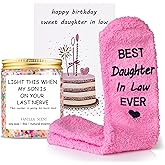 Daughter in Law Gift Baskets - Funny Daughter in Law Wedding, Mothers Day, Christmas Gifts - Birthday Candle, Card, Sock Gifts for Sons Girlfriend from Dad Mom