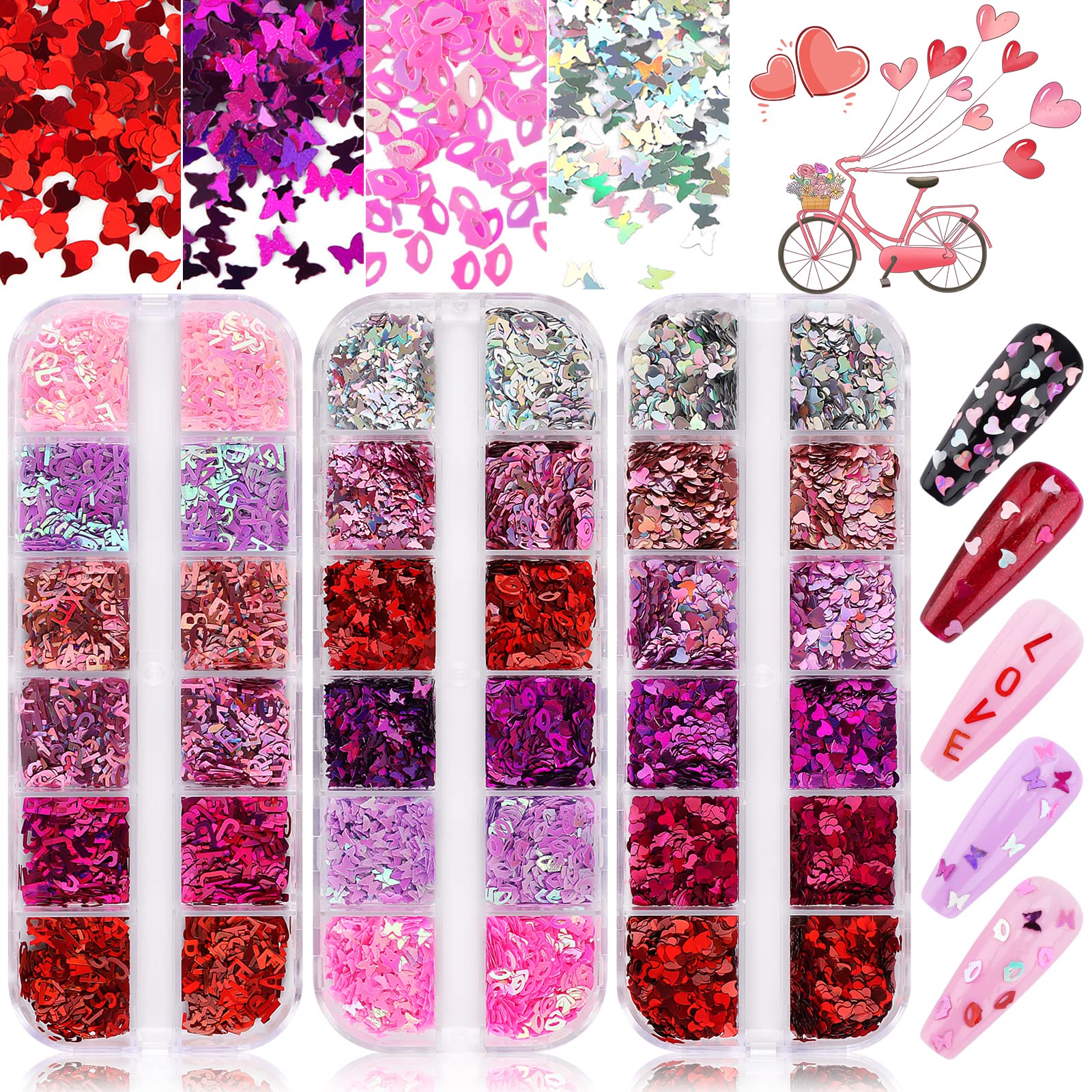 Kalolary 36 Grid Holographic Heart Nail Art Sequins, 3D Heart Glitters Nail Sequins Colorful Confetti Glitter Nail Flakes Acrylic Paillettes for Valentine's Day Nail Art Decoration (Colorful A)
