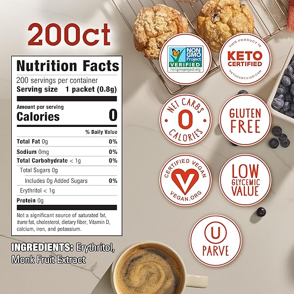 MONK FRUIT IN THE RAW SWEETENER PACKETS, 200 CT, KETO CERTIFIED MONK FRUIT SWEETENER PACKETS, ZERO CALORIES, ZERO NET CARBS, NON-GMO PROJECT VERIFIED, VEGA, LOW GLYCEMIC INDEX