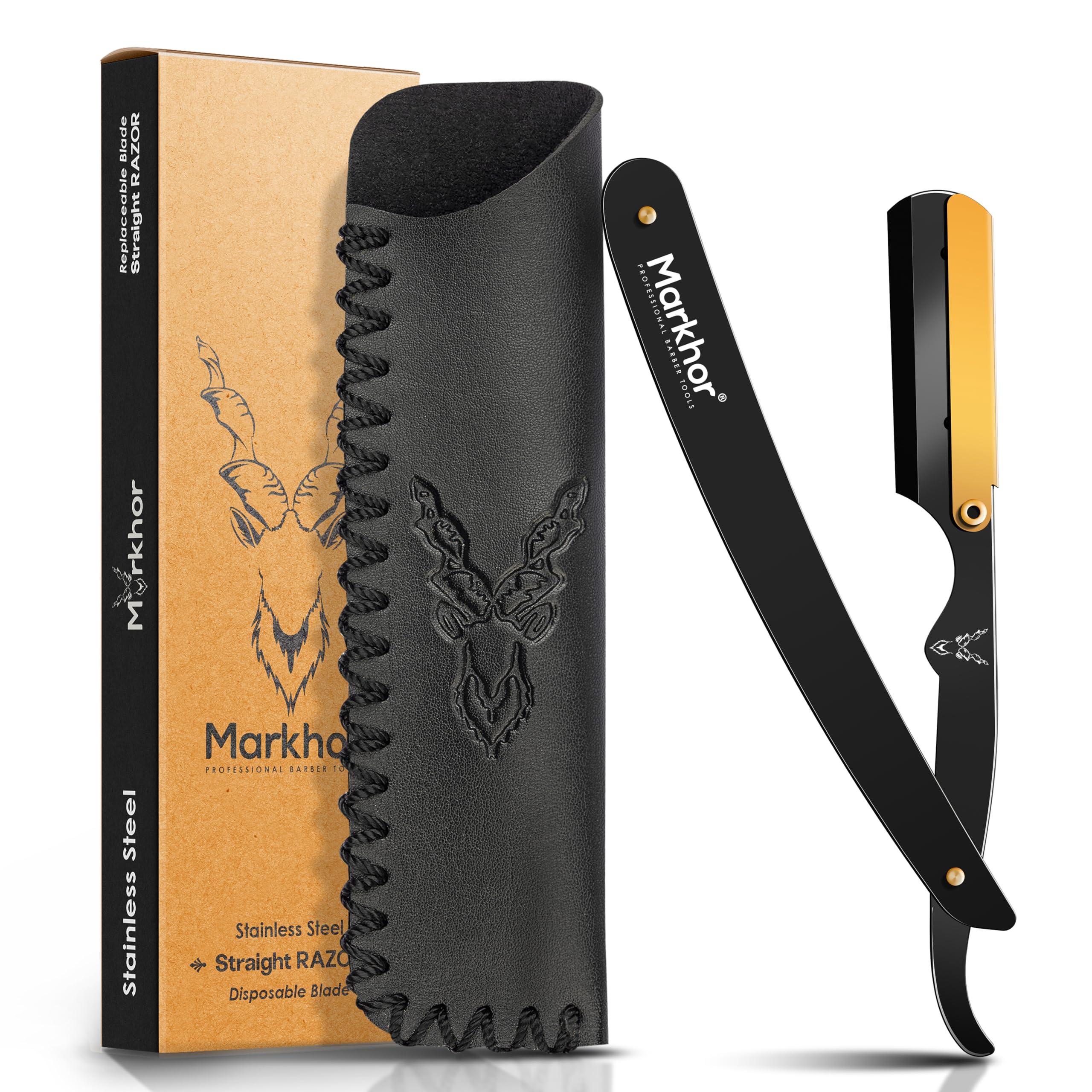 Markhor® Matte Black with 24K Gold Plated - Cut Throat Razor Kit – Mens Straight Razor, Barber-Grade Cutthroat Razor, Professional Straight Edge Beard Razor for a Clean & Precise Shave