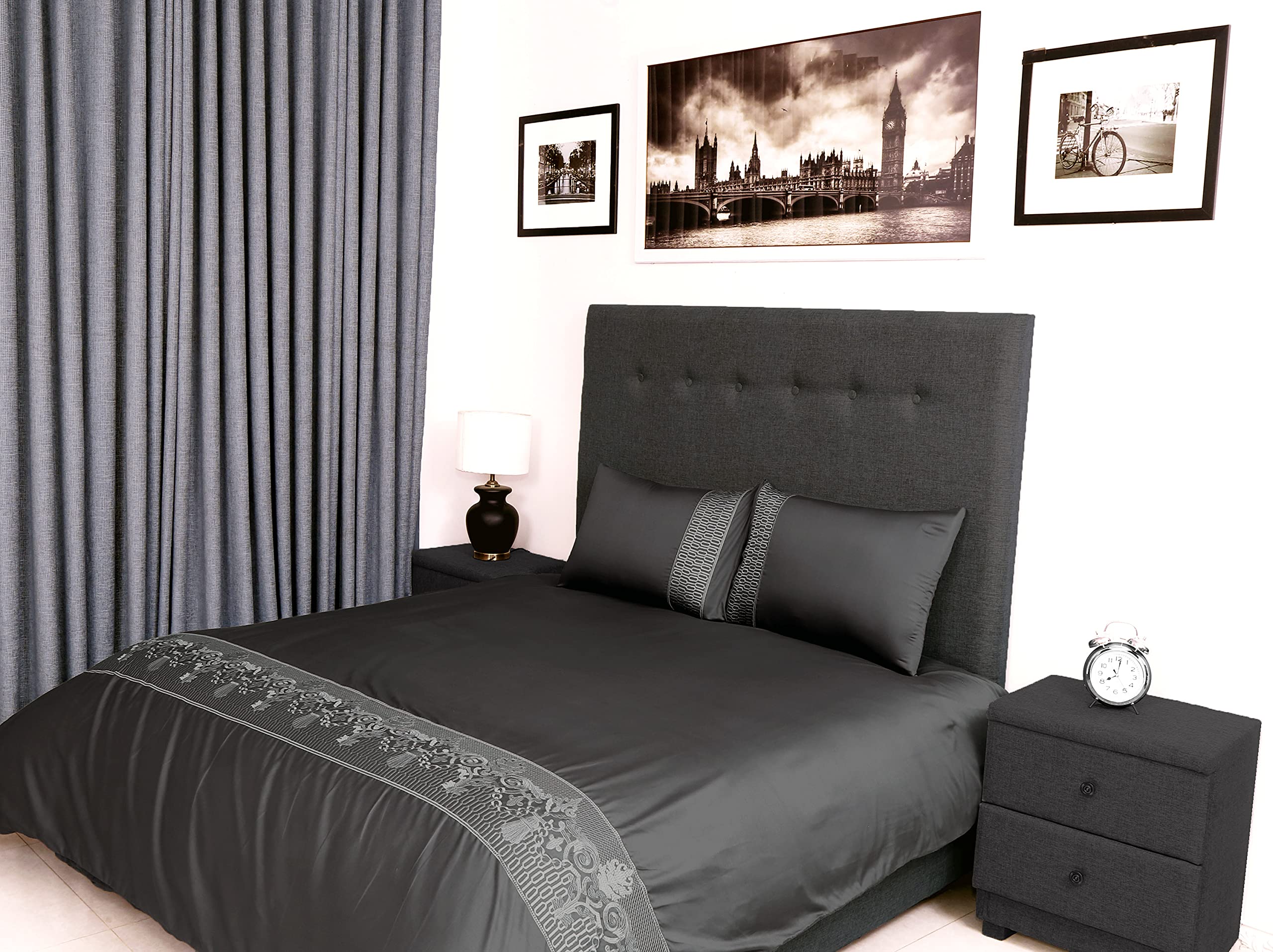 Bed Thread - Egyptian Cotton King Duvet Covers Set Grey, 400 Thread Count Long Staple Cotton Sateen Duvet Sets King, Quilt Covers Bedding Sets, Felicia Viscose Embroidered 100% Cotton Duvet Covers