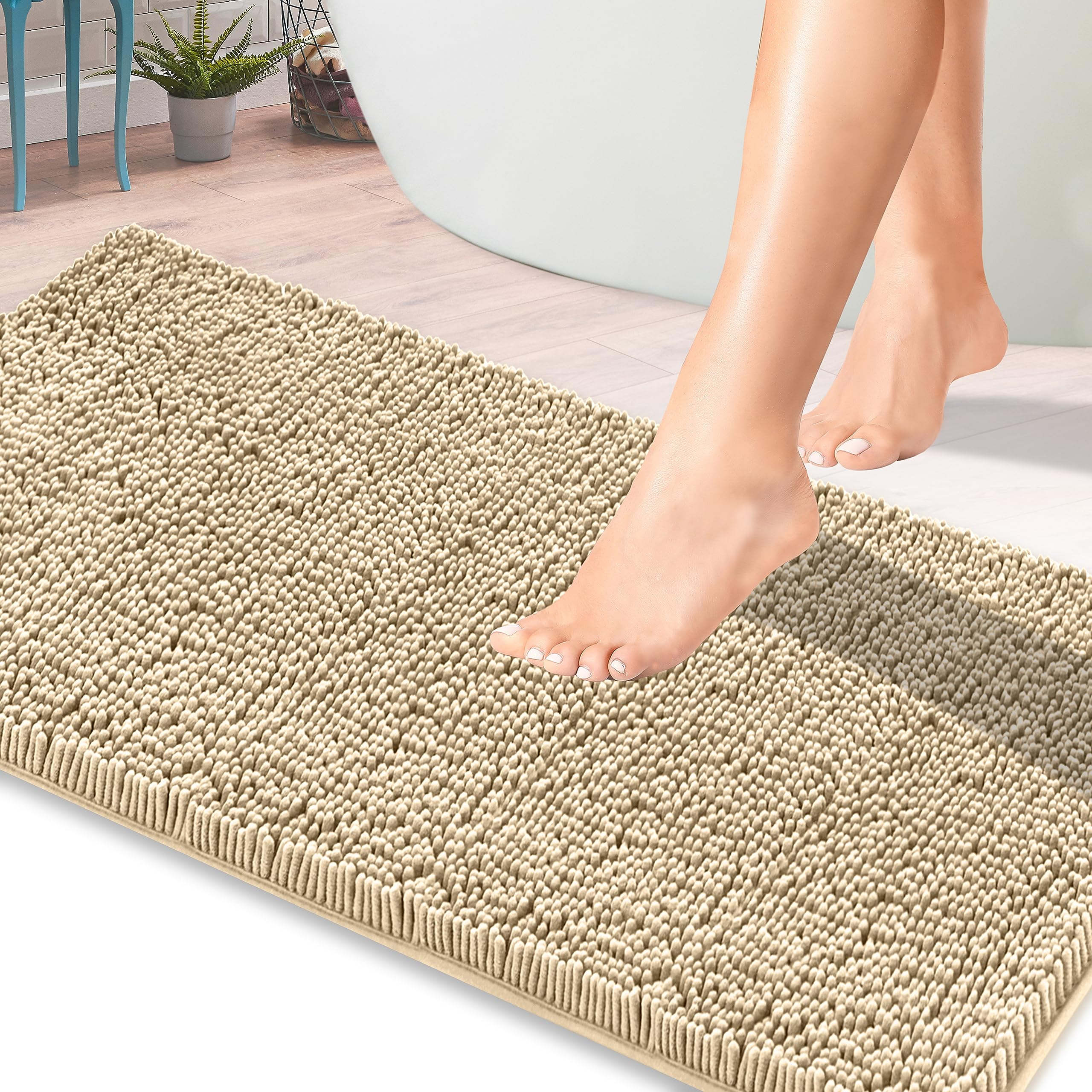 ITSOFT Chenille Bath Mat, Non Slip Mat for Bathroom, Absorbent & Machine Washable Toilet Rug, Soft Plush Accessory (61x43cm, Beige)