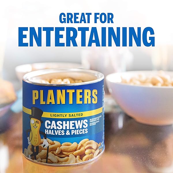 PLANTERS LIGHTLY SALTED CASHEW HALVES & PIECES, 14 OZ CANISTER – CASHEWS ROASTED IN PEANUT OIL – SEASONED WITH SEA SALT – SNACKS FOR ADULTS – RESEALABLE LID FOR LONG-LASTING FRESHNESS – KOSHER