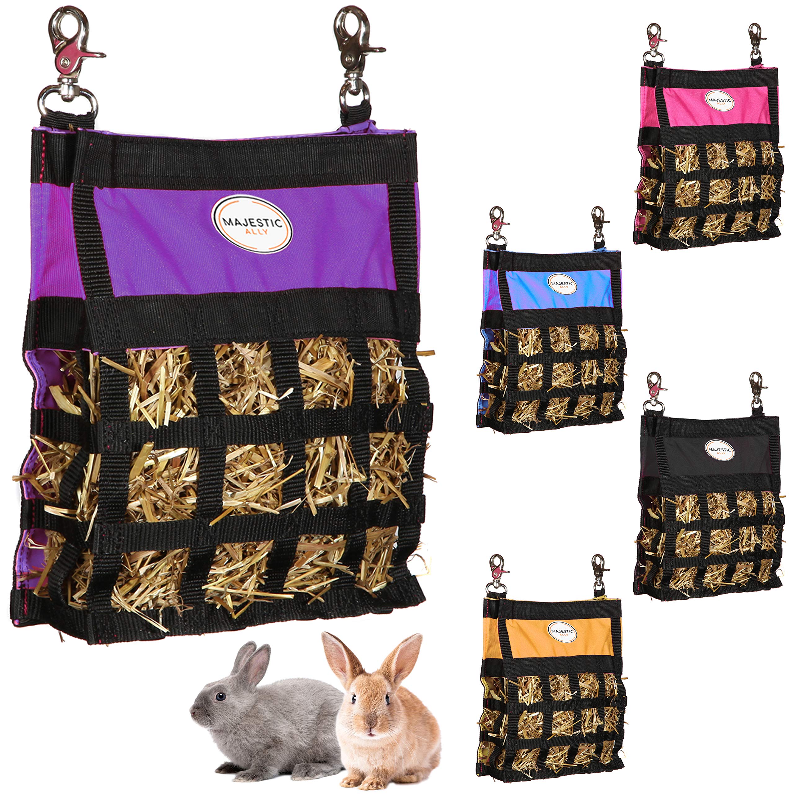 Majestic Ally Guinea Pig & Rabbit Hay Feeder – Premium Quality Highly Durable Nylon – Three Side Open Slow Feed Hay Bag for Small Animals – 5 Lovely Colors (Purple)