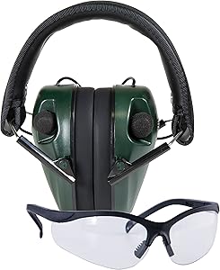 Caldwell E-Max Low Profile Electronic 23 NRR Hearing Protection w/ Sound Amplification and Adjustable Earmuffs for Shooting, Hunting and Range, Shooting Glasses