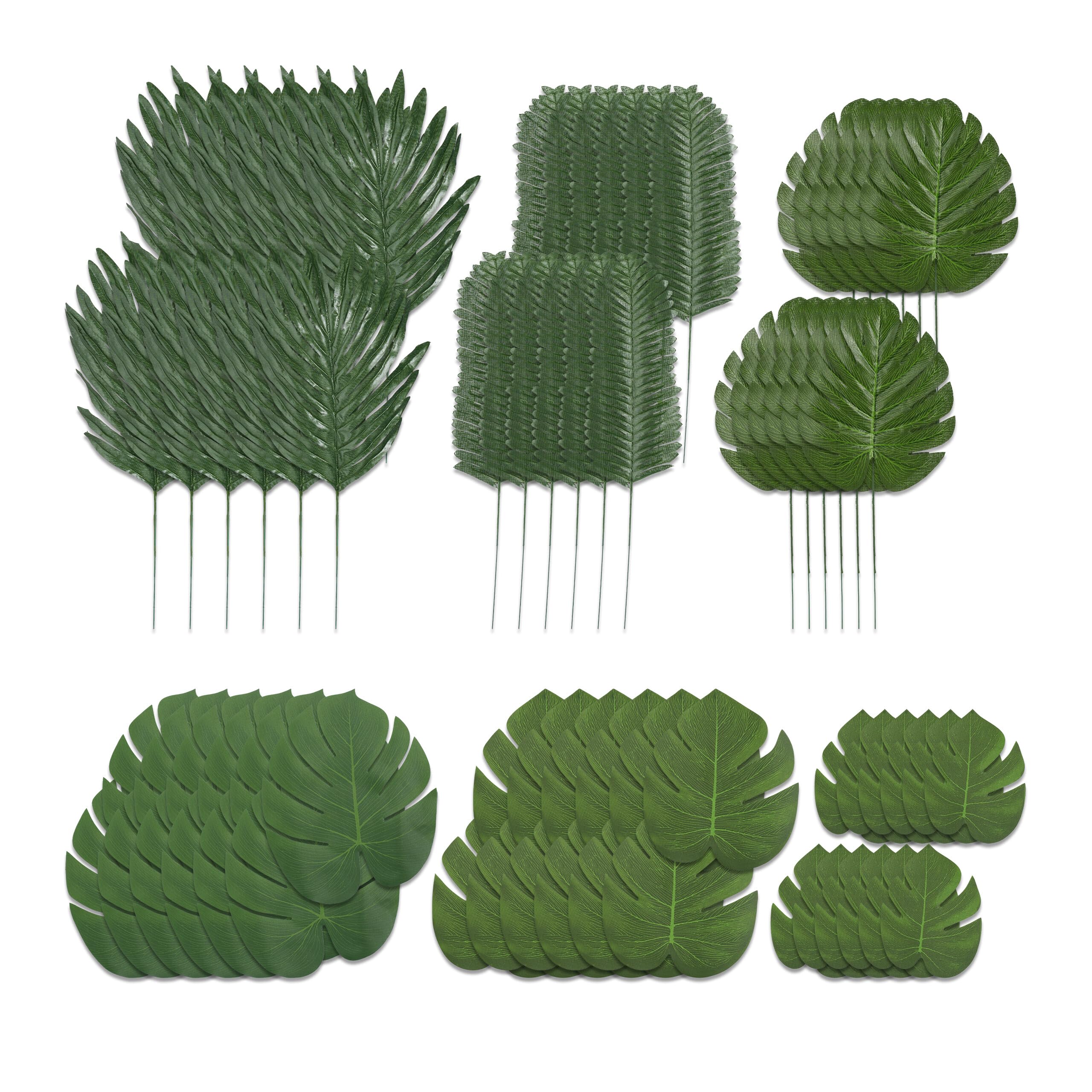 Relaxdays Artificial Tropical Leaves Set of 72, Fake Monstera, Fern & Palm, Party Decoration Jungle & Safari, Green, Polyester, 40 x 17 x 1 cm