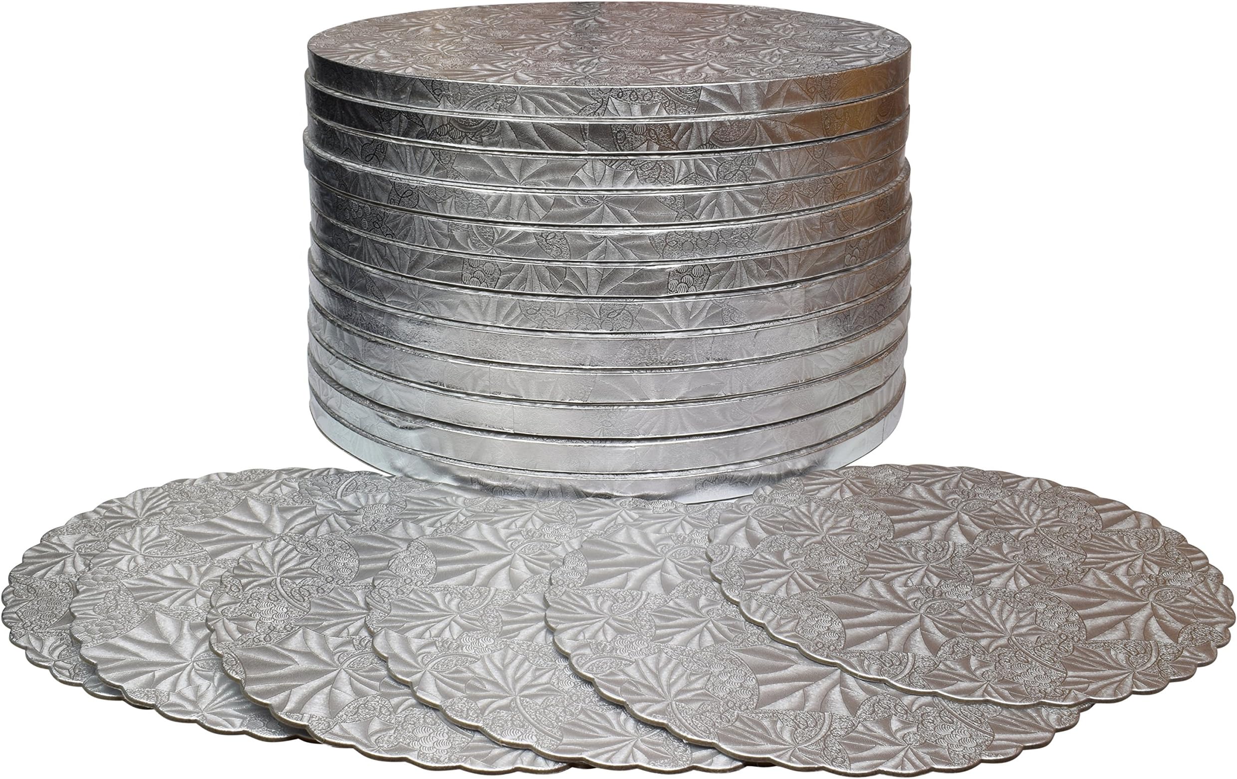 TROLIR 10 Inch Round Cake Drums, 12 Pack, Smooth Edge, Sturdy and Greaseproof Boards of 1/2 Inch Thick Corrugated Paper, Coated with Embossed Foil of Silver Grape Leaf, Bonus - 6 Scalloped-Edge Pads