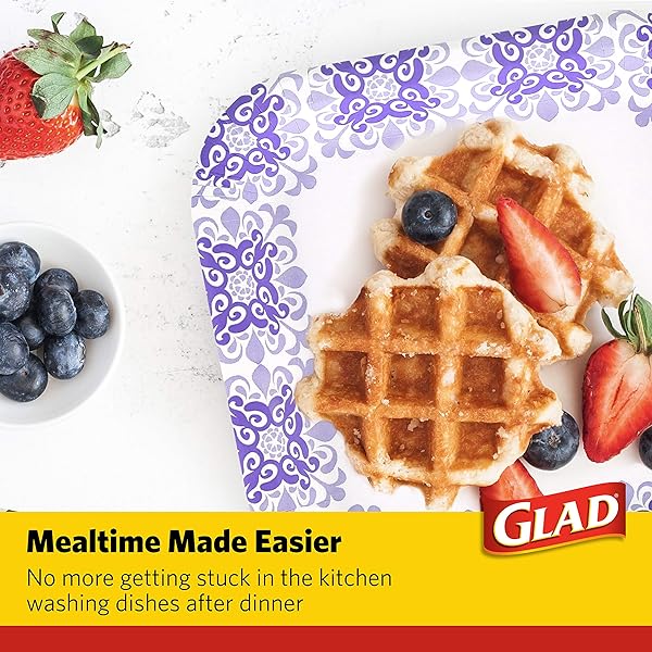 GLAD SQUARE DISPOSABLE PAPER PLATES FOR ALL OCCASIONS | SOAK PROOF, CUT PROOF, MICROWAVEABLE HEAVY DUTY DISPOSABLE PLATES | 8.5″ DIAMETER, 50 COUNT BULK PAPER PLATES