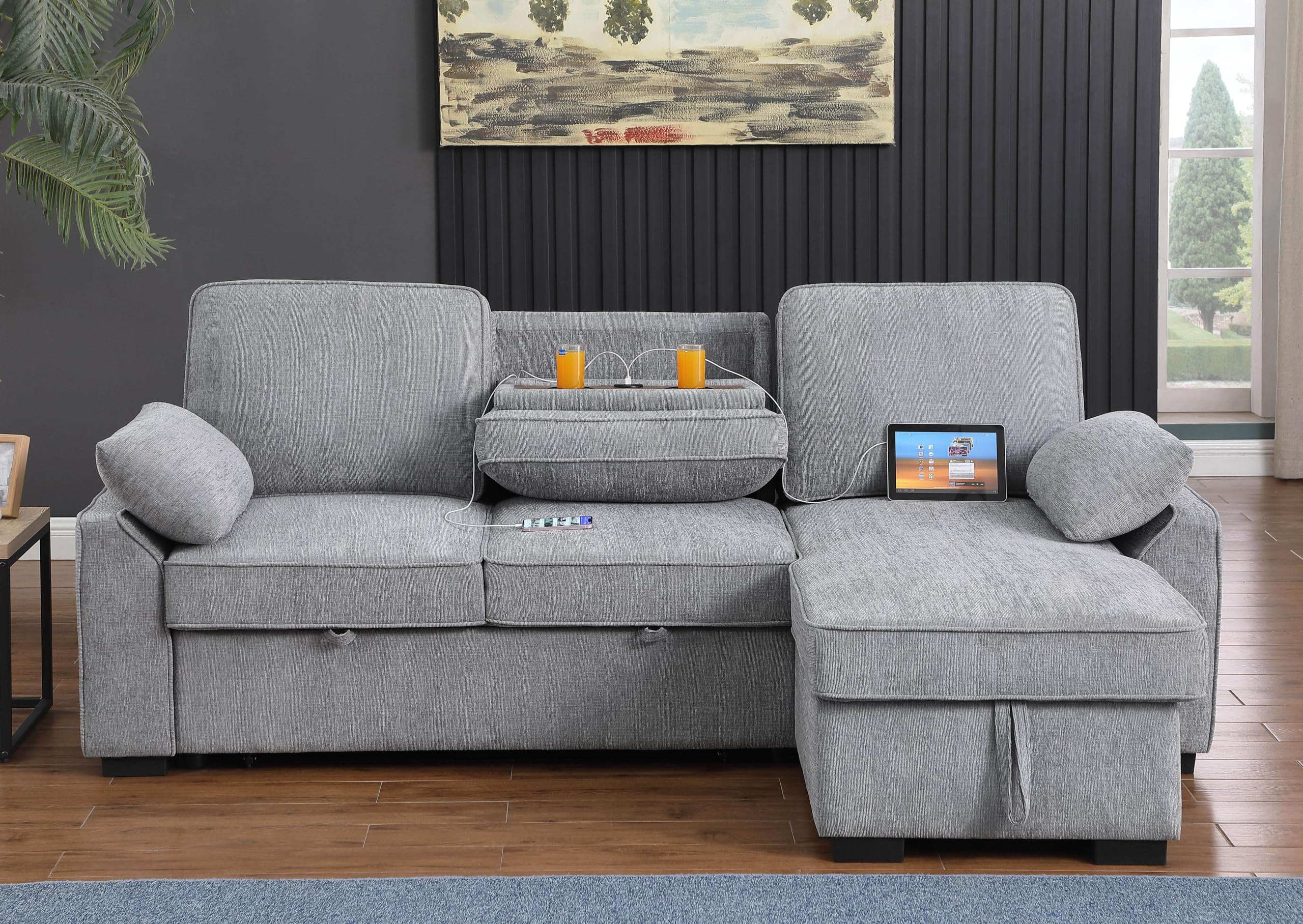 Photo 1 of ** BOX #1 ONLY Missing box # 2 and # 3 *** ERYE L-Shaped Pull Out Sleeper Couch Bed, Modern Chenille Upholstered Button Tufted Corner Couch Reversible Sectional Sleeper Sofa Bed W/Storage Chaise, Cup Holders