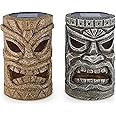VP Home Tiki Head Solar LED Lights - Set of 2 Solar-Powered Flickering Light Tiki Decor for Garden, Patio, and Tiki Bar - Durable Polyresin Outdoor Tribal Statues - 4x4x6.25 Inches (Brown and Gray)